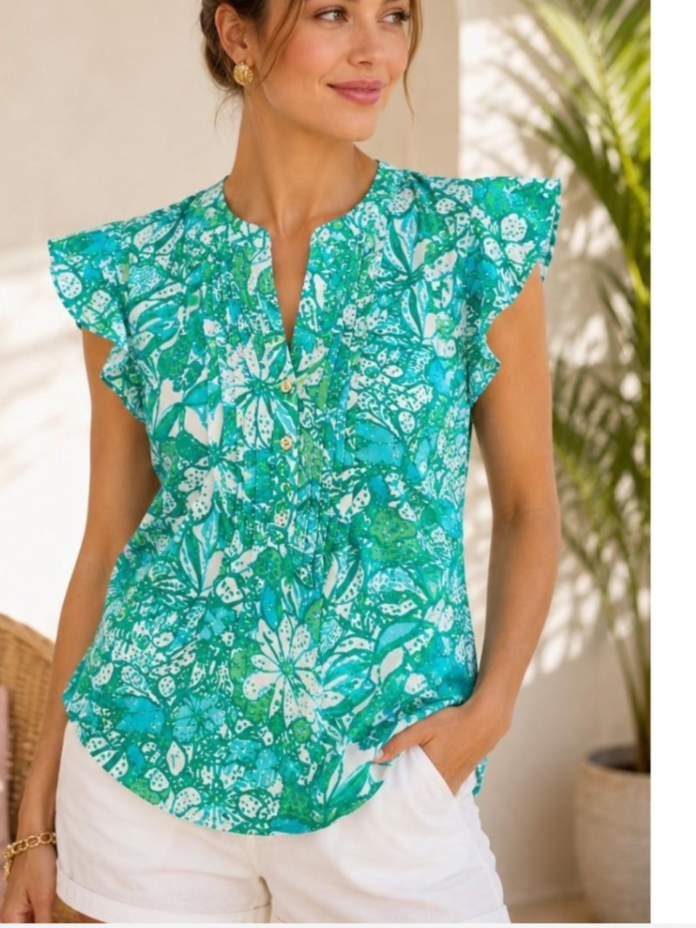 Lilly Pulitze Green Blue Sleeveless Ruffle Top Medium